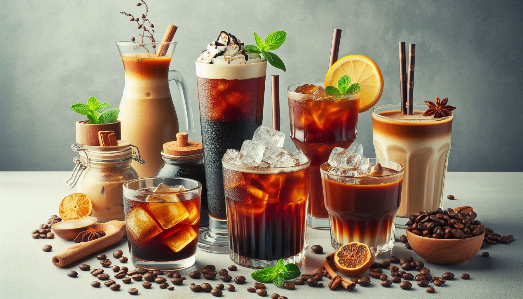 Image of popular coffee drinks like cold brew coffee vietnamese iced coffee coffee cocktails and turkish coffee against a light background Image of popular coffee drinks like cold brew coffee vietnamese iced coffee coffee cocktails and turkish coffee against a light background