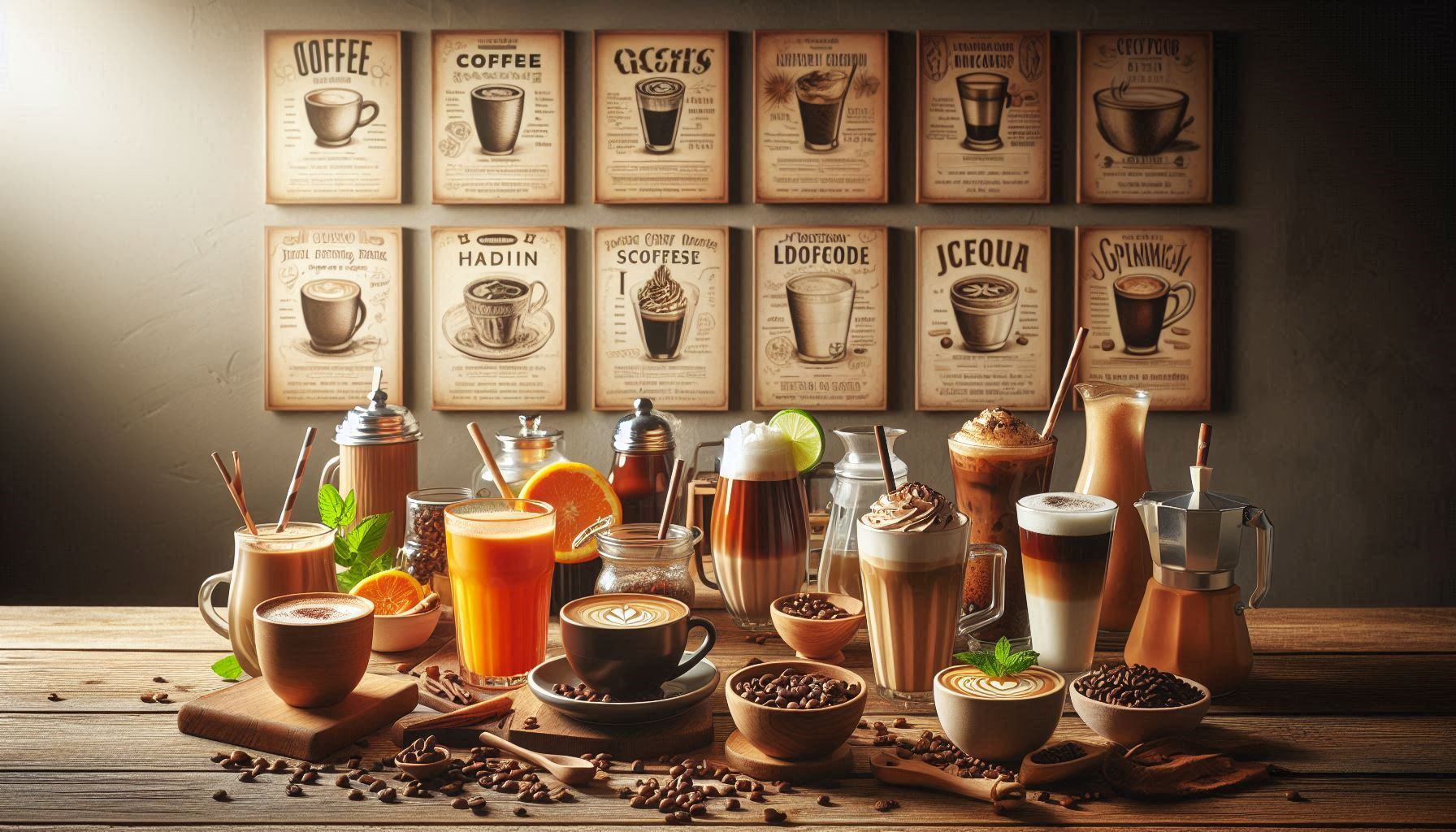Image of popular coffee drinks set out on a well-lit table with recipes on a wall in background