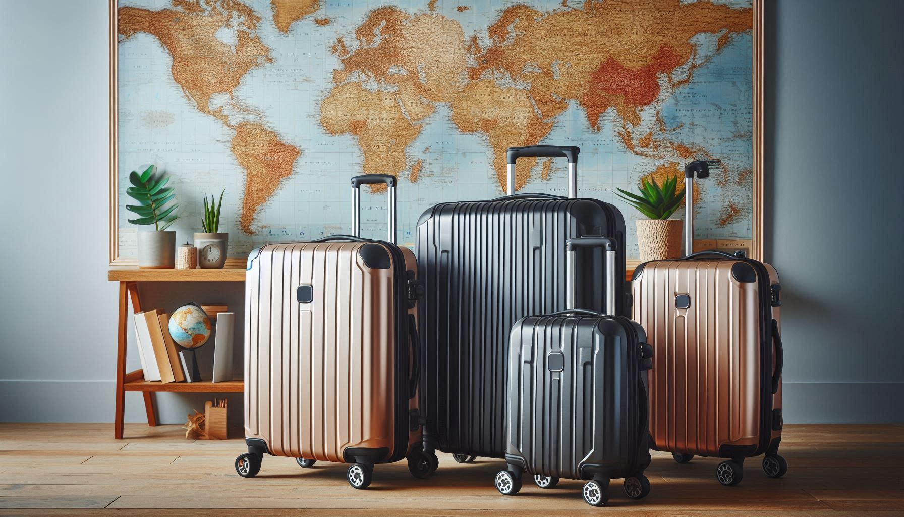 Luggage Sets and Spinner Wheels with world map on wall in background Luggage Sets and Spinner Wheels with world map on wall in background