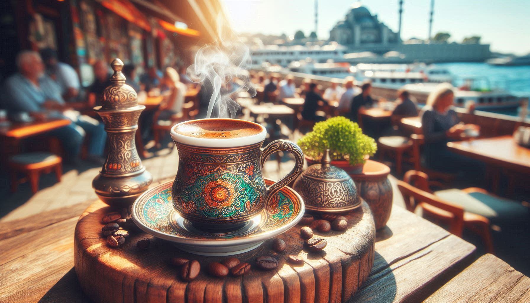 Turkish coffee featured front and center in a bright sunny outdoor typical Istanbul coffeehouse setting Turkish coffee featured front and center in a bright sunny outdoor typical Istanbul coffeehouse setting