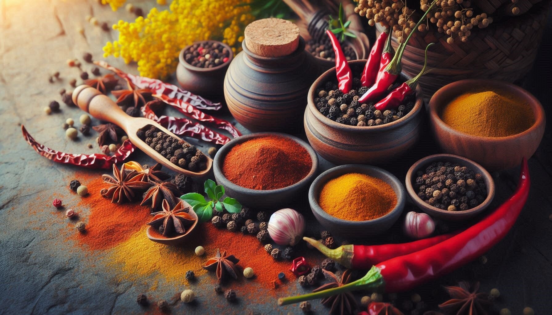 black pepper, chili powder, and mustard seeds black pepper, chili powder, and mustard seeds