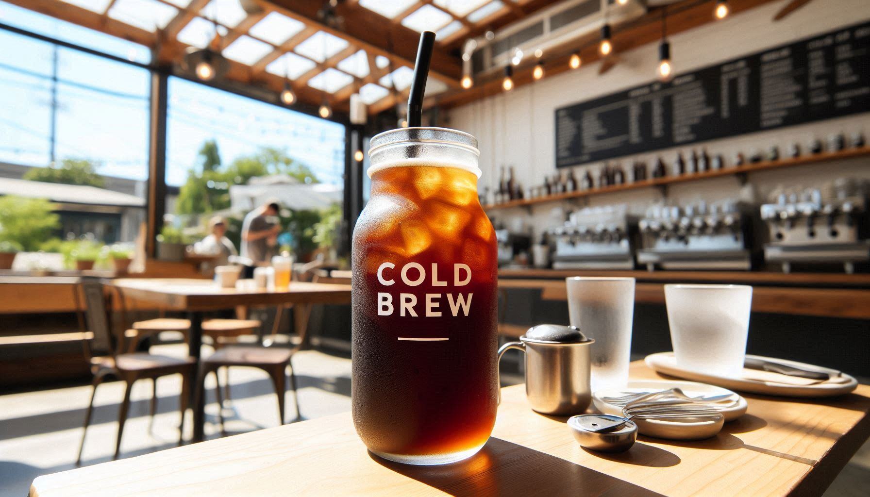 cold brew featured front and center in a bright sunny outdoor typical coffeehouse setting cold brew featured front and center in a bright sunny outdoor typical coffeehouse setting