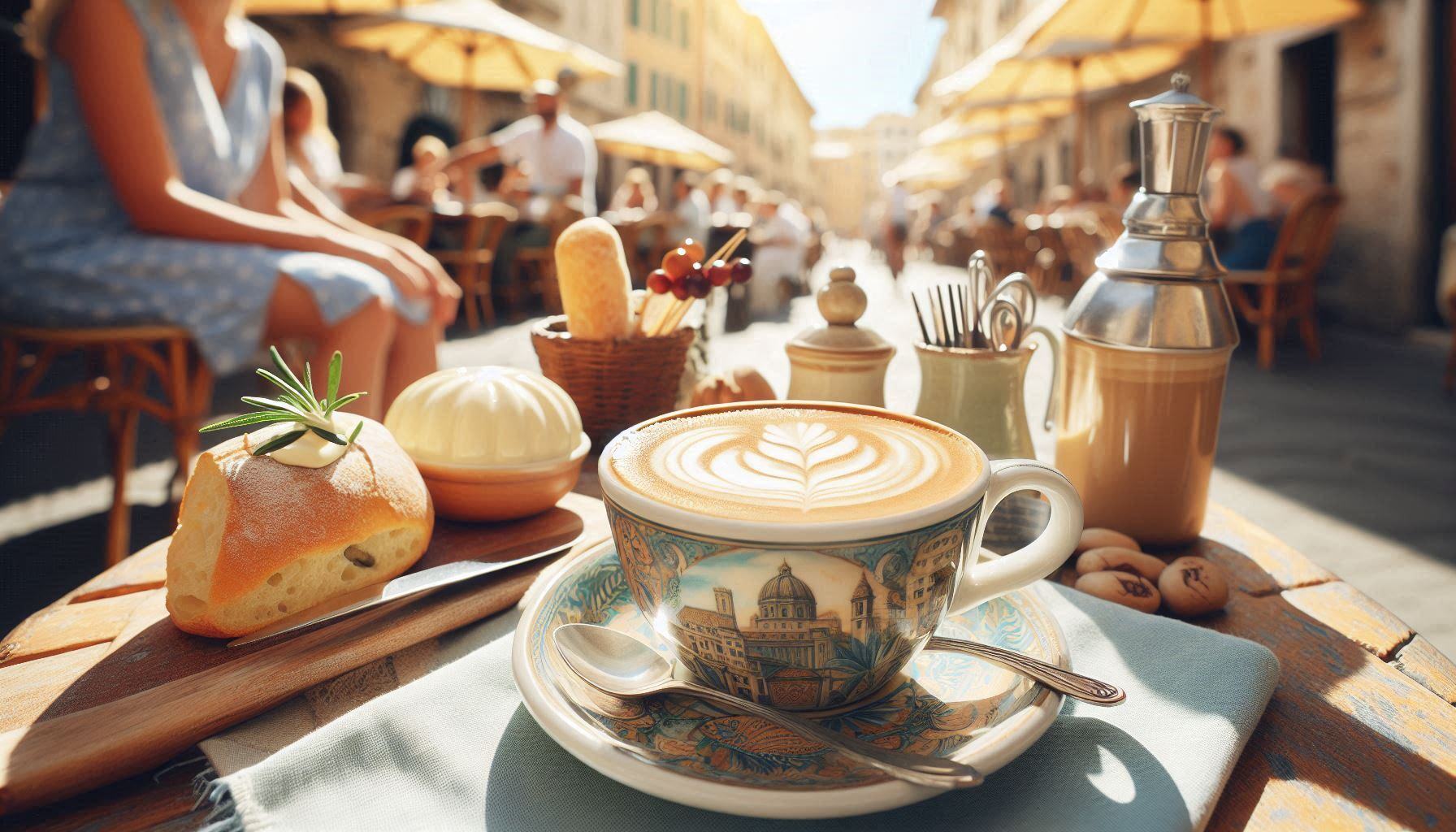 latte featured front and center in a bright outdoor typical italian setting latte featured front and center in a bright outdoor typical italian setting