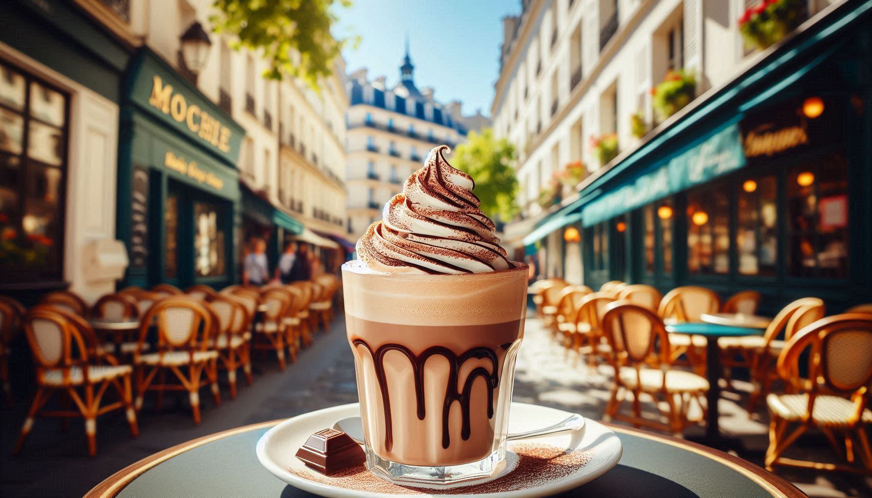 mocha featured front and center in a bright outdoor typical paris coffeehouse setting mocha featured front and center in a bright outdoor typical paris coffeehouse setting
